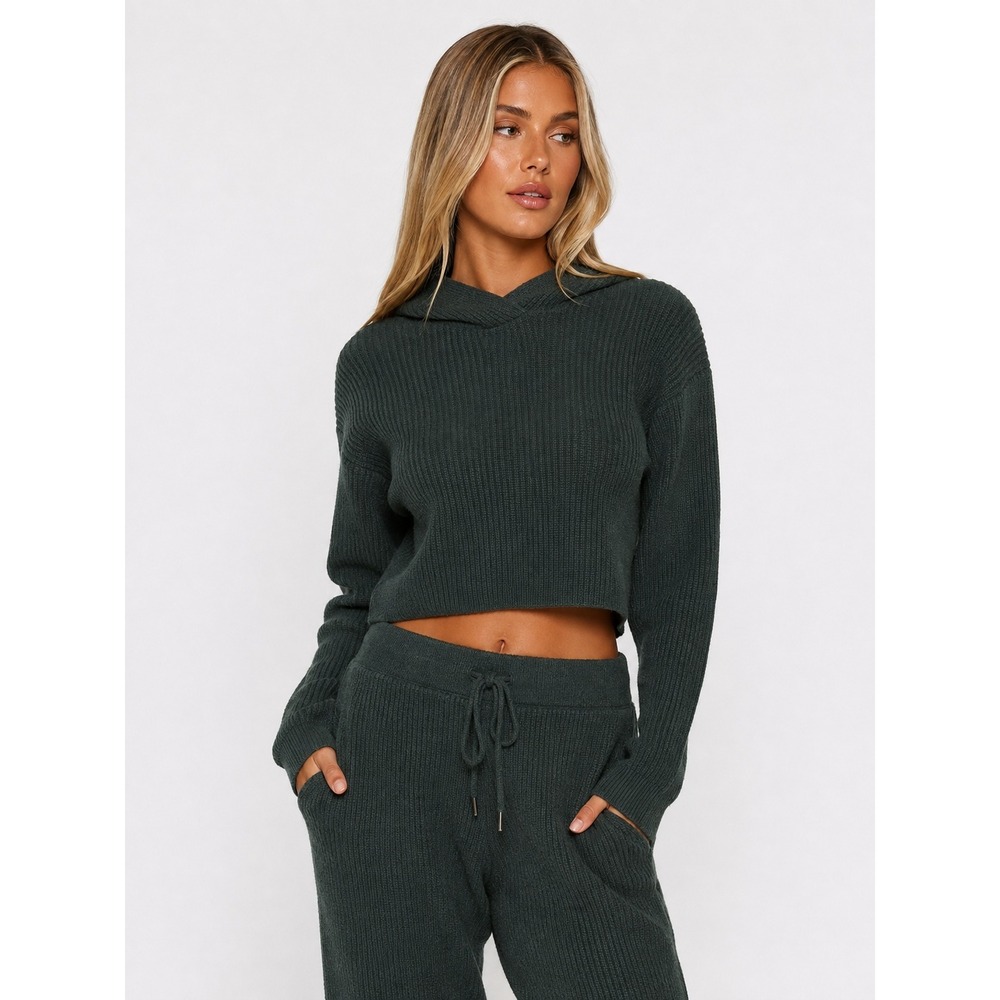 Wesley 100% Cashmere Cropped Hoodie Sweater Forest Green Ribbed Knit XS